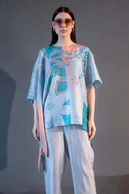 Shop_Clos_Blue Silk, Cotton Round Neck Geometric Floral Print Kaftan With Pant _at_Aza_Fashions