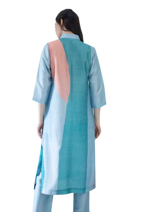 Buy_Clos_Blue Silk Embroidery Collared Abstract Floral Print Kurta With Pant _Online_at_Aza_Fashions