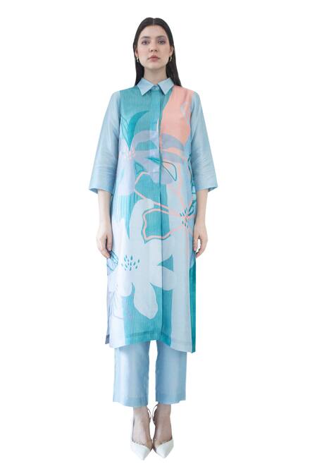 Shop_Clos_Blue Silk Embroidery Collared Abstract Floral Print Kurta With Pant _Online_at_Aza_Fashions