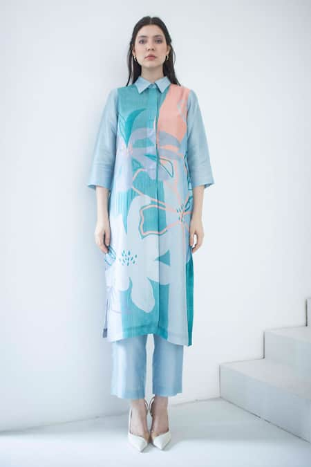 Clos Blue Dupion Silk Print Abstract Collar Floral Kurta With Pant 