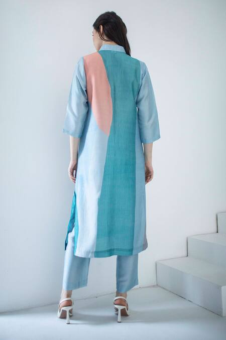 Shop_Clos_Blue Silk Embroidery Collared Abstract Floral Print Kurta With Pant _at_Aza_Fashions