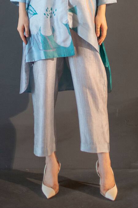 Clos_Blue Silk Collared Abstract Print High Low Kurta With Pant _Online_at_Aza_Fashions
