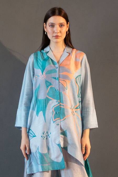 Buy_Clos_Blue Silk Collared Abstract Print High Low Kurta With Pant _Online_at_Aza_Fashions
