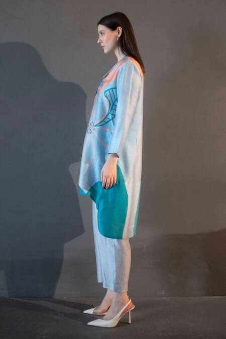Shop_Clos_Blue Silk Collared Abstract Print High Low Kurta With Pant _Online_at_Aza_Fashions