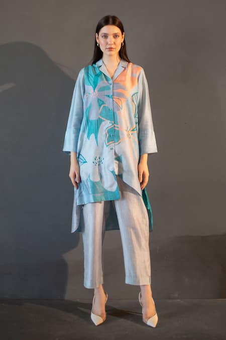 Clos Blue Dupion Silk Print Abstract Lapel Collar High Low Kurta With Pant 