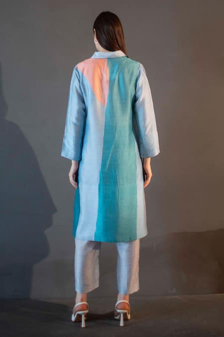 Shop_Clos_Blue Silk Collared Abstract Print High Low Kurta With Pant _at_Aza_Fashions