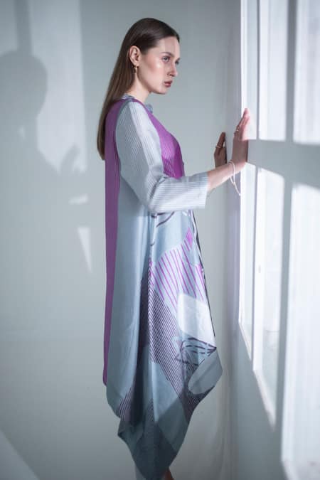 Shop_Clos_Grey Silk Bandeau Neck Floral Geometric Print Kaftan With Pant _at_Aza_Fashions