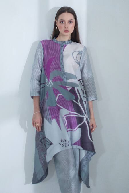Clos_Grey Silk Bandeau Neck Floral Geometric Print Kaftan With Pant _Online_at_Aza_Fashions