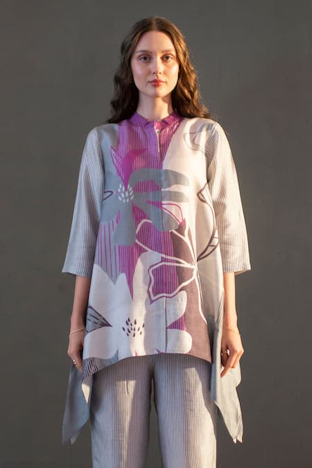 Buy_Clos_Grey Silk Bandeau Neck Floral Geometric Print Short Kaftan With Pant _Online_at_Aza_Fashions