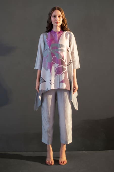 Clos Floral Geometric Print Short Kaftan With Pant 