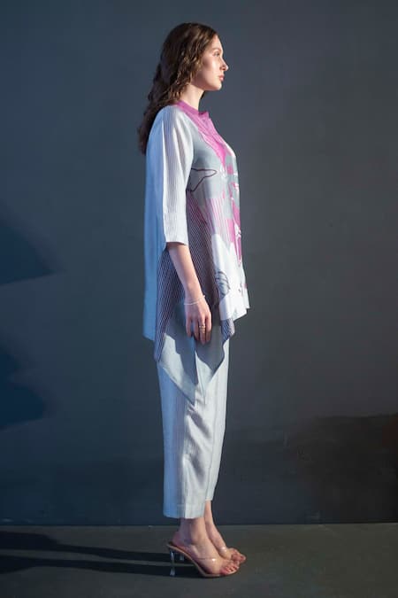 Shop_Clos_Grey Silk Bandeau Neck Floral Geometric Print Short Kaftan With Pant _at_Aza_Fashions