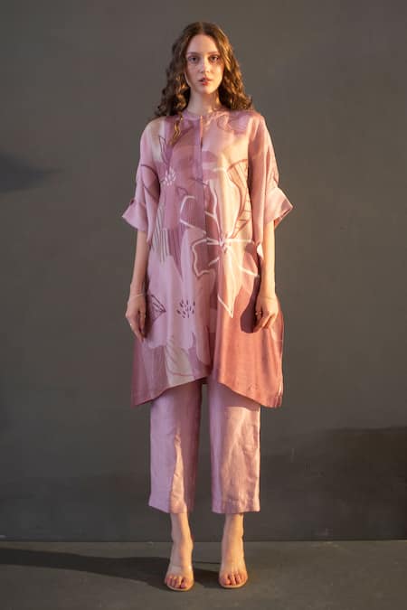 Clos Pink Dupion Silk Print Abstract Band Collar Asymmetric Kurta With Pant 