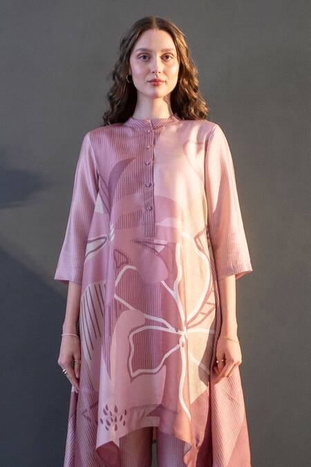 Buy_Clos_Pink Silk Bandeau Neck Long Tail Print Kaftan With Pant _Online_at_Aza_Fashions