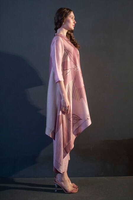 Shop_Clos_Pink Silk Bandeau Neck Long Tail Print Kaftan With Pant _Online_at_Aza_Fashions