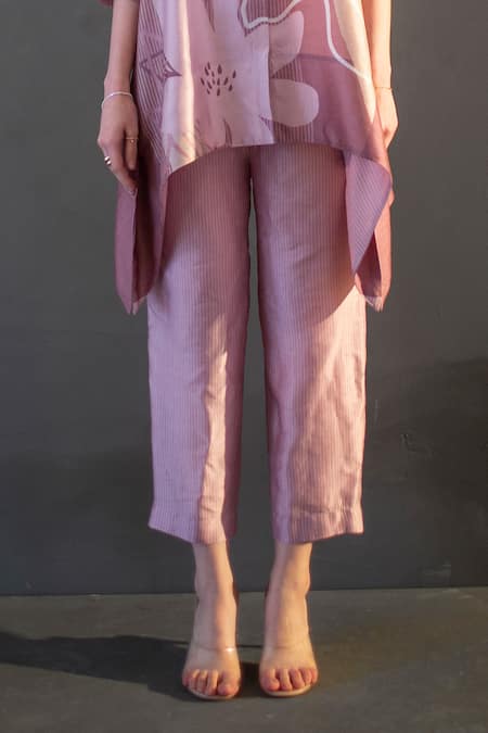 Clos_Pink Silk Embroidery Bandeau Neck Short Tail Print Kaftan With Pant _Online_at_Aza_Fashions