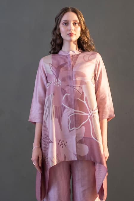 Buy_Clos_Pink Silk Embroidery Bandeau Neck Short Tail Print Kaftan With Pant _Online_at_Aza_Fashions
