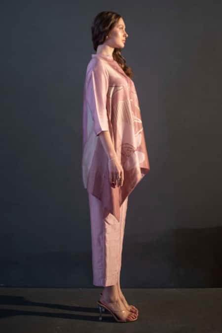 Shop_Clos_Pink Silk Embroidery Bandeau Neck Short Tail Print Kaftan With Pant _Online_at_Aza_Fashions