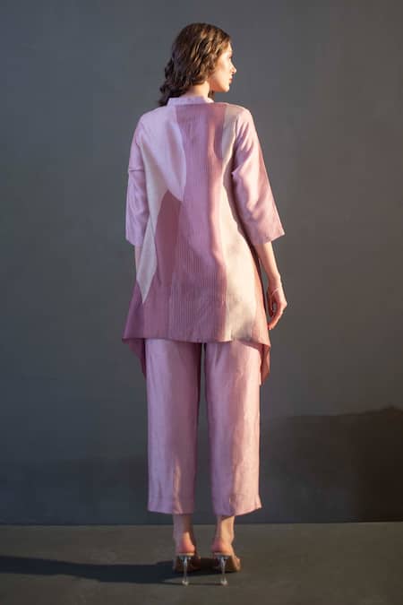 Shop_Clos_Pink Silk Embroidery Bandeau Neck Short Tail Print Kaftan With Pant _at_Aza_Fashions