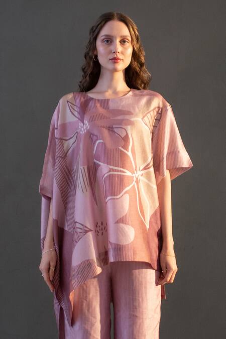 Buy_Clos_Pink Silk Round Neck Geometric Print Kaftan With Pant _Online_at_Aza_Fashions