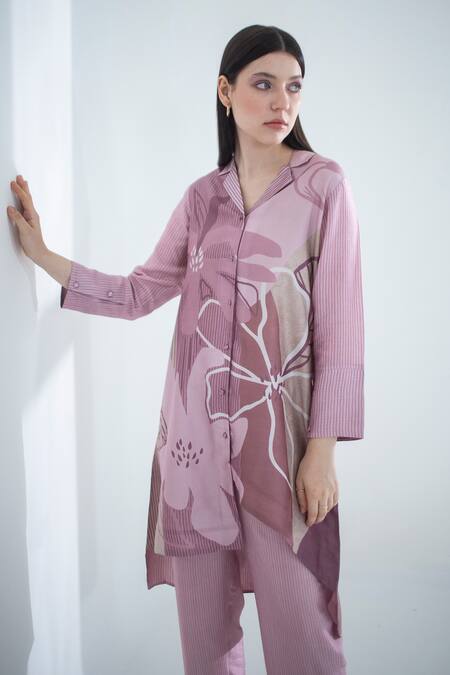 Clos_Pink Silk Collared Geometric Print High Low Kurta With Pant _Online_at_Aza_Fashions