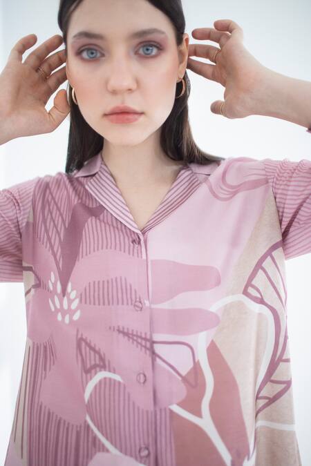 Buy_Clos_Pink Silk Collared Geometric Print High Low Kurta With Pant _Online_at_Aza_Fashions