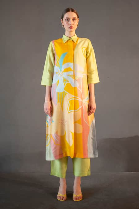 Clos Yellow Dupion Silk Print Abstract Collar Floral Geometric Kurta With Pant 