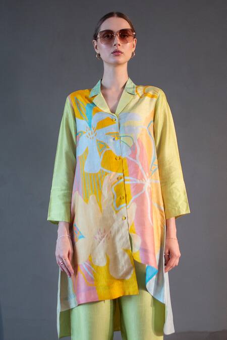 Buy_Clos_Yellow Silk Collared Abstract Print Asymmetric Kurta With Pant _Online_at_Aza_Fashions