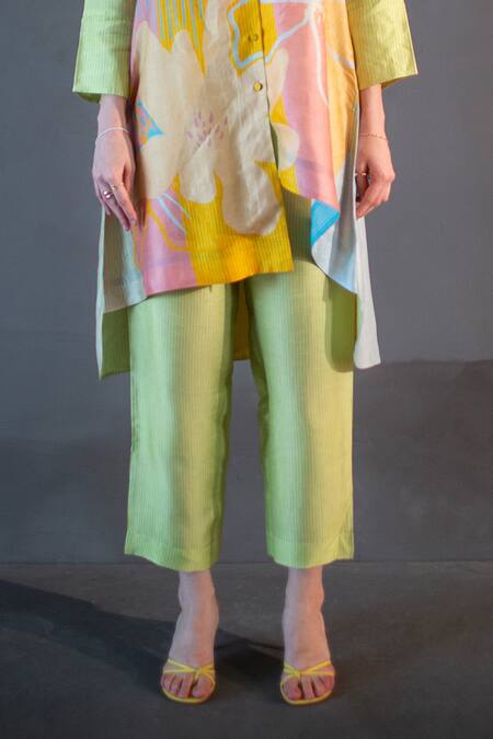 Shop_Clos_Yellow Silk Collared Abstract Print Asymmetric Kurta With Pant _Online_at_Aza_Fashions