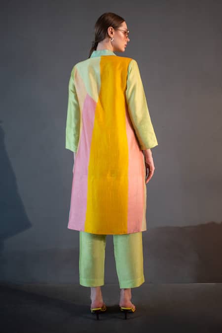 Shop_Clos_Yellow Silk Collared Abstract Print Asymmetric Kurta With Pant _at_Aza_Fashions
