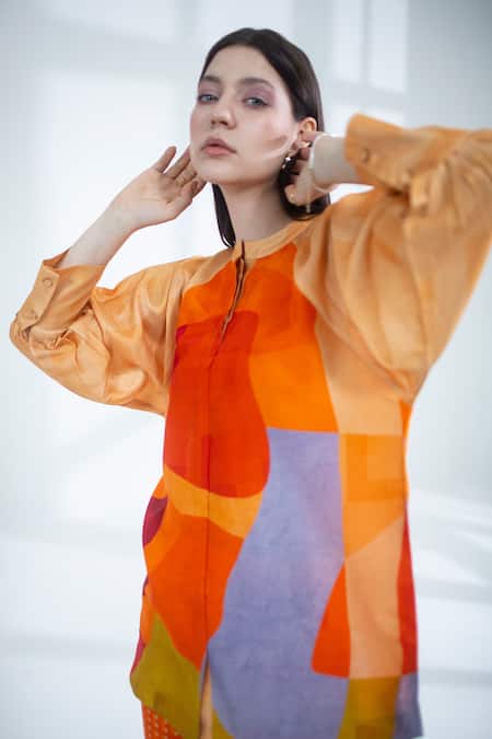 Clos_Orange Silk, Cotton Embroidery Collared Abstract Print Top With Pant _Online_at_Aza_Fashions