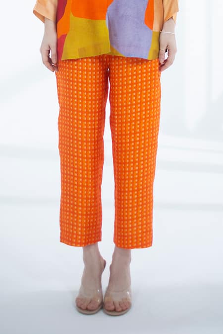 Buy_Clos_Orange Silk, Cotton Embroidery Collared Abstract Print Top With Pant _Online_at_Aza_Fashions