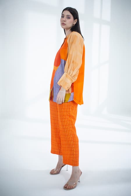 Shop_Clos_Orange Silk, Cotton Embroidery Collared Abstract Print Top With Pant _Online_at_Aza_Fashions