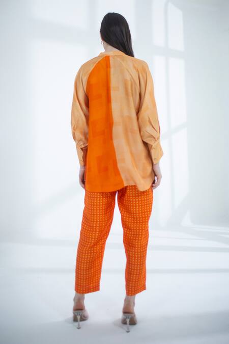 Clos_Orange Silk, Cotton Embroidery Collared Abstract Print Top With Pant _at_Aza_Fashions