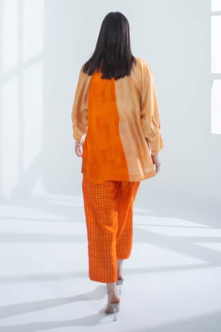 Shop_Clos_Orange Silk, Cotton Embroidery Collared Abstract Print Top With Pant _at_Aza_Fashions