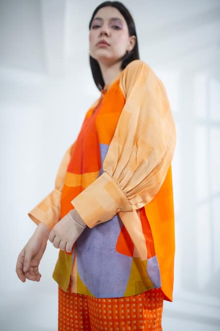 Buy_Clos_Orange Silk, Cotton Embroidery Collared Abstract Print Top With Pant 