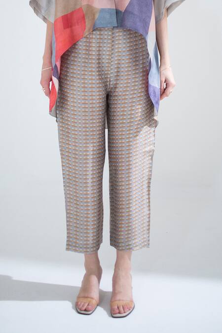 Buy_Clos_Brown Silk Collared Geometric Print Crop Top With Pant _Online_at_Aza_Fashions