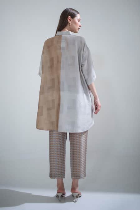 Shop_Clos_Brown Silk Collared Geometric Print Crop Top With Pant _at_Aza_Fashions