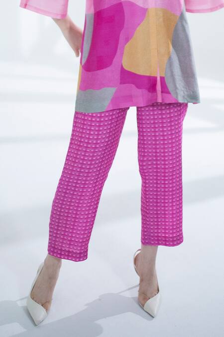 Clos_Pink Silk Collared Abstrct Print Long Top With Pant _Online_at_Aza_Fashions