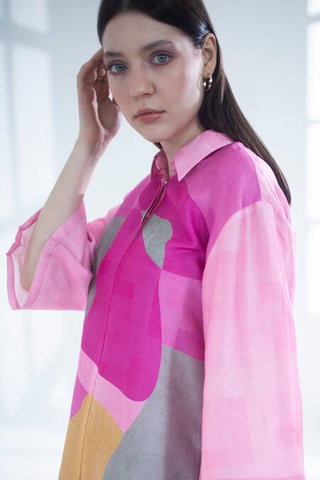 Buy_Clos_Pink Silk Collared Abstrct Print Long Top With Pant _Online_at_Aza_Fashions