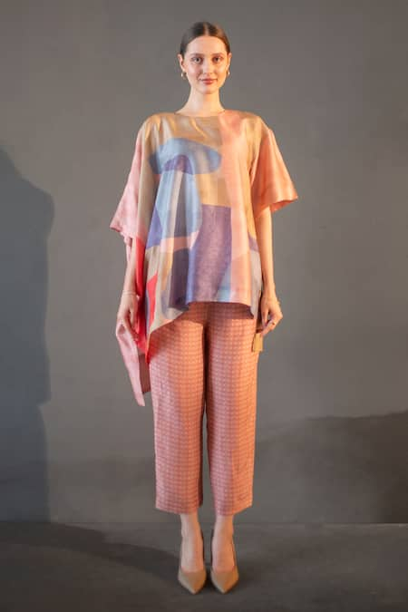 Clos Peach Dupion Silk Print Abstract Round Kaftan And Checkered Pant Set 