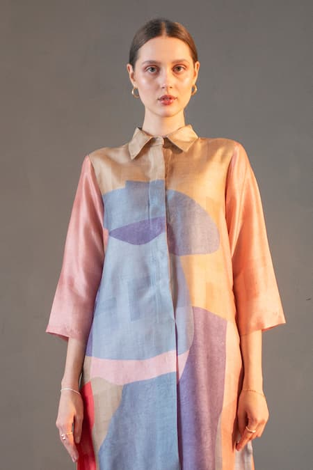 Clos_Peach Silk, Cotton Collared Abstract Print Kurta With Pant _Online_at_Aza_Fashions