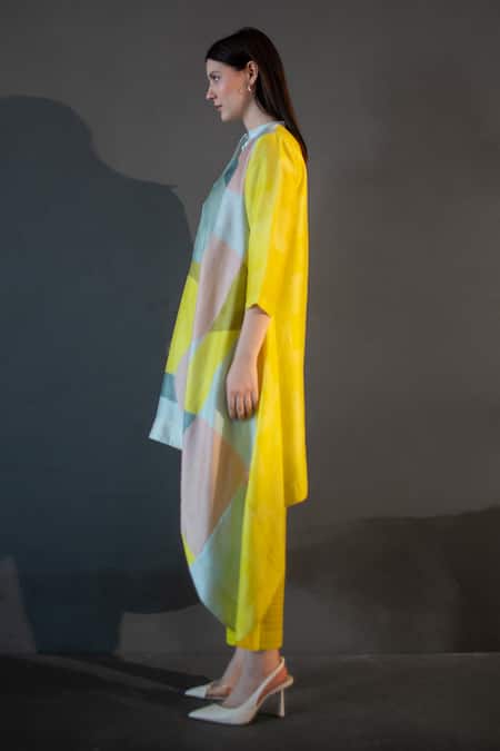 Buy_Clos_Yellow Silk Bandeau Neck Abstract Print Long Kaftan With Pant _Online_at_Aza_Fashions