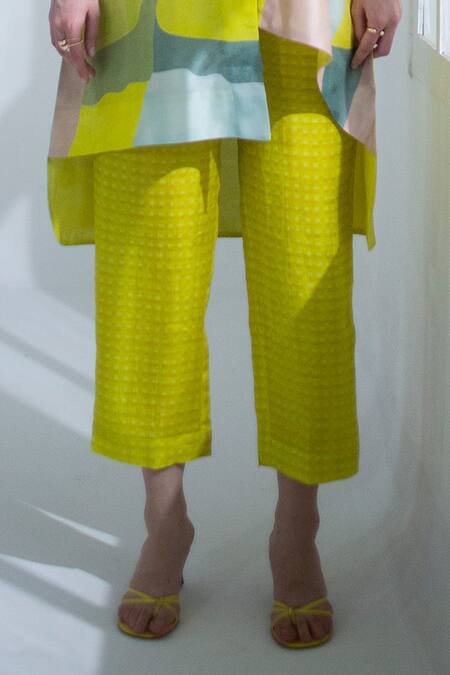 Clos_Yellow Silk Collared High Low Print Kurta With Pant _Online_at_Aza_Fashions