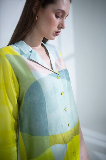 Clos_Yellow Silk Collared High Low Print Kurta With Pant _at_Aza_Fashions