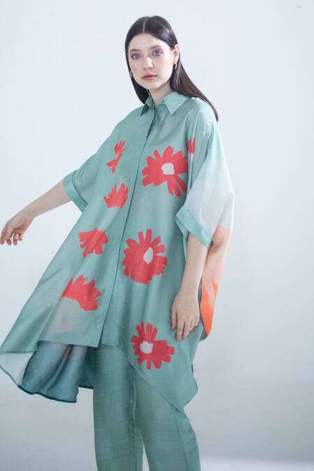 Clos Blue Silk Collared Floral Print Shirt Kaftan With Pant Online at Aza Fashions Clos_Blue Silk Collared Floral Print Shirt Kaftan With Pant _Online_at_Aza_Fashions