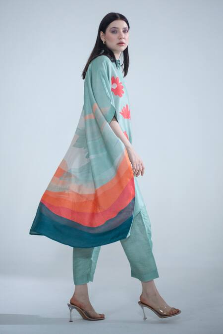 Buy Clos Blue Silk Collared Floral Print Shirt Kaftan With Pant Online at Aza Fashions Buy_Clos_Blue Silk Collared Floral Print Shirt Kaftan With Pant _Online_at_Aza_Fashions