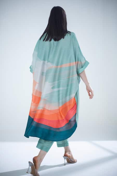 Shop Clos Blue Silk Collared Floral Print Shirt Kaftan With Pant at Aza Fashions Shop_Clos_Blue Silk Collared Floral Print Shirt Kaftan With Pant _at_Aza_Fashions