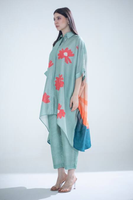 Clos Blue Silk Collared Floral Print Shirt Kaftan With Pant at Aza Fashions Clos_Blue Silk Collared Floral Print Shirt Kaftan With Pant _at_Aza_Fashions