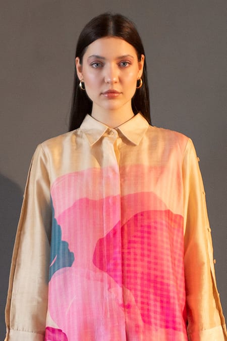 Buy_Clos_Pink Silk Collared Floral Checks Print Long Kurta With Pant _Online_at_Aza_Fashions