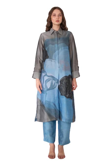 Clos_Blue Silk Collared Abstract Floral Long Kurta With Pant _Online_at_Aza_Fashions